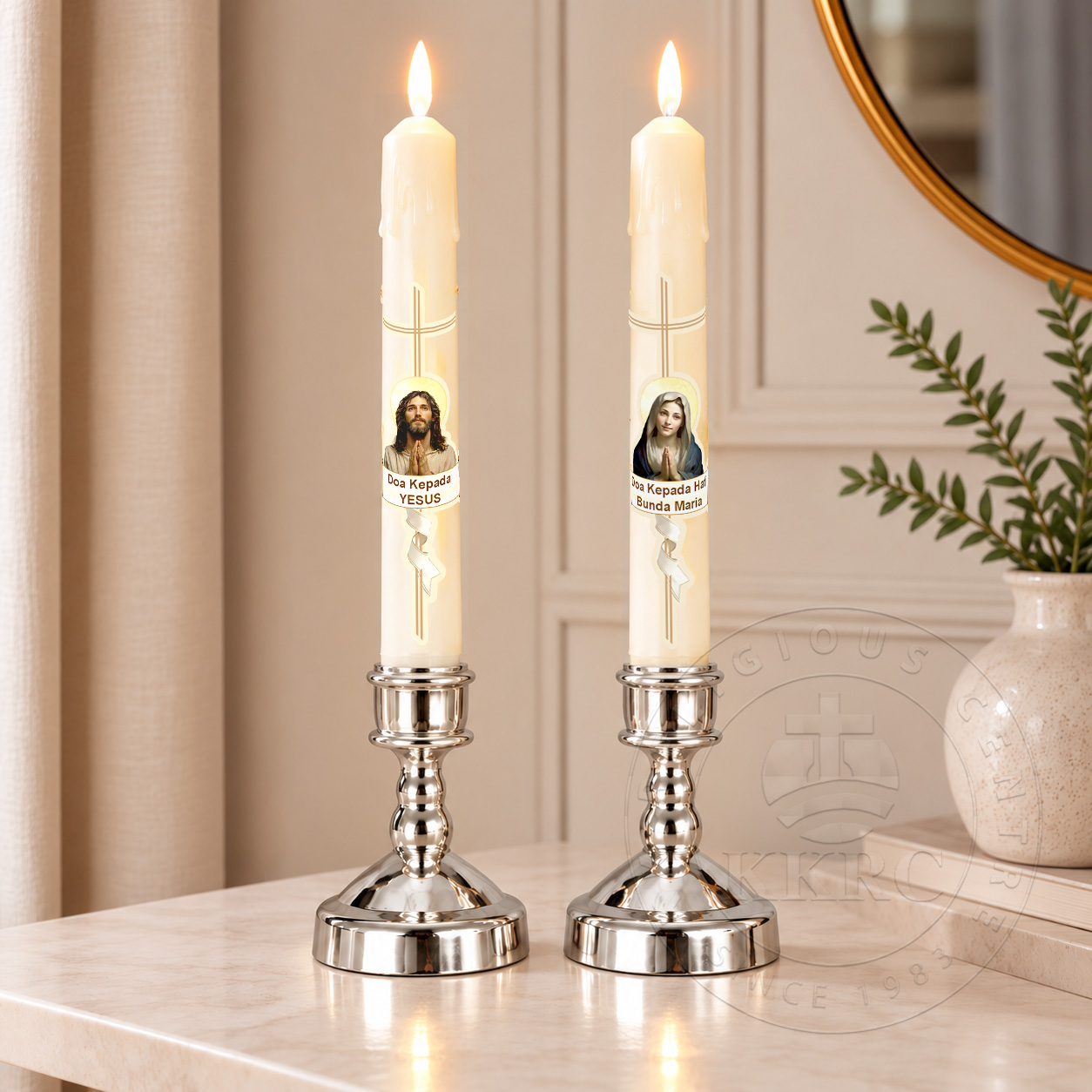 Symmetrical Devotional Candles on Silver Stands 03b